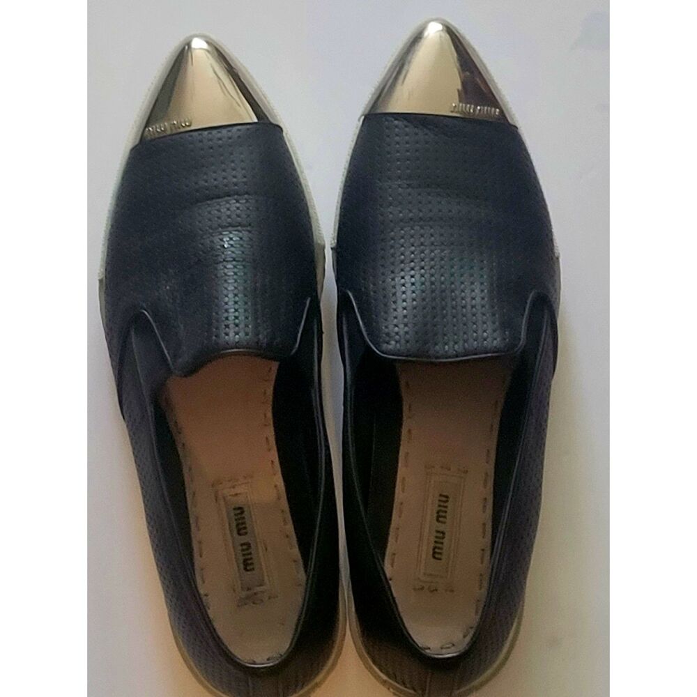 Miu Miu Black Leather Point Toe Slip On Sneakers Silver Cap Toe EU40.5